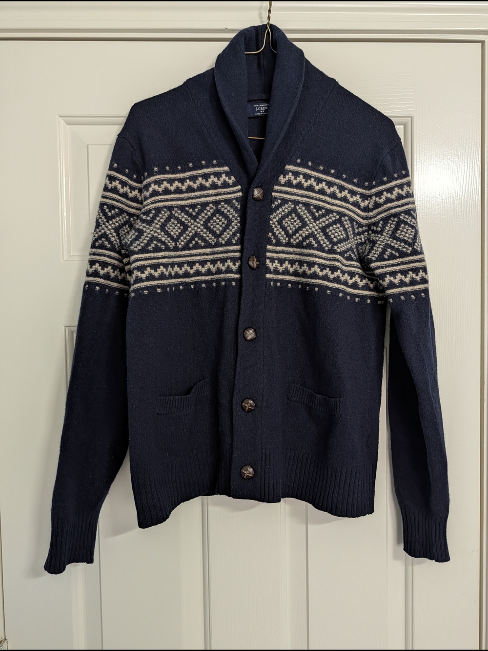 J. Crew Navy Fair Isle Shawl-Collar Cardigan